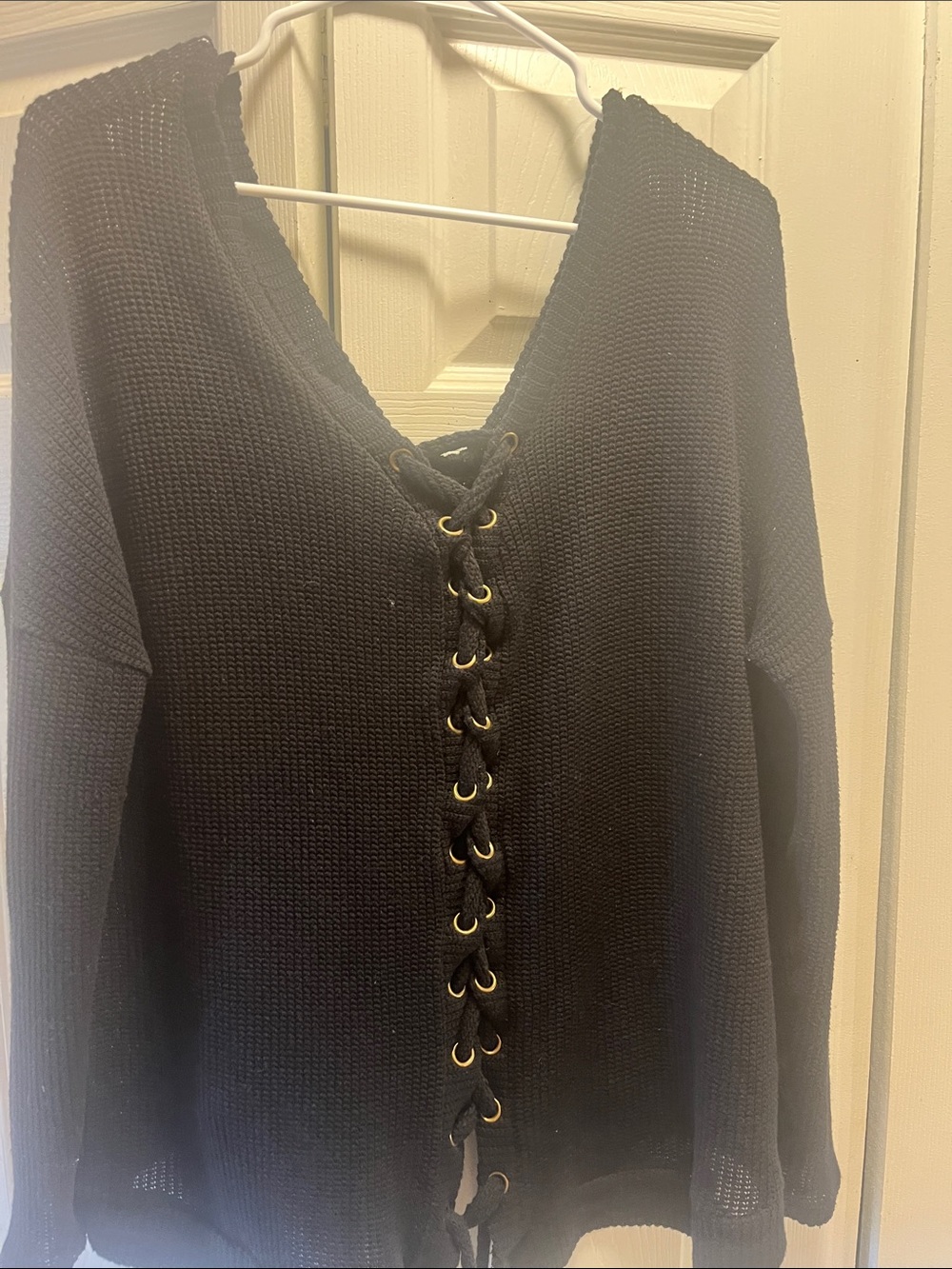 Black Lace-Up V-Neck Sweater with Eyelet Detail
